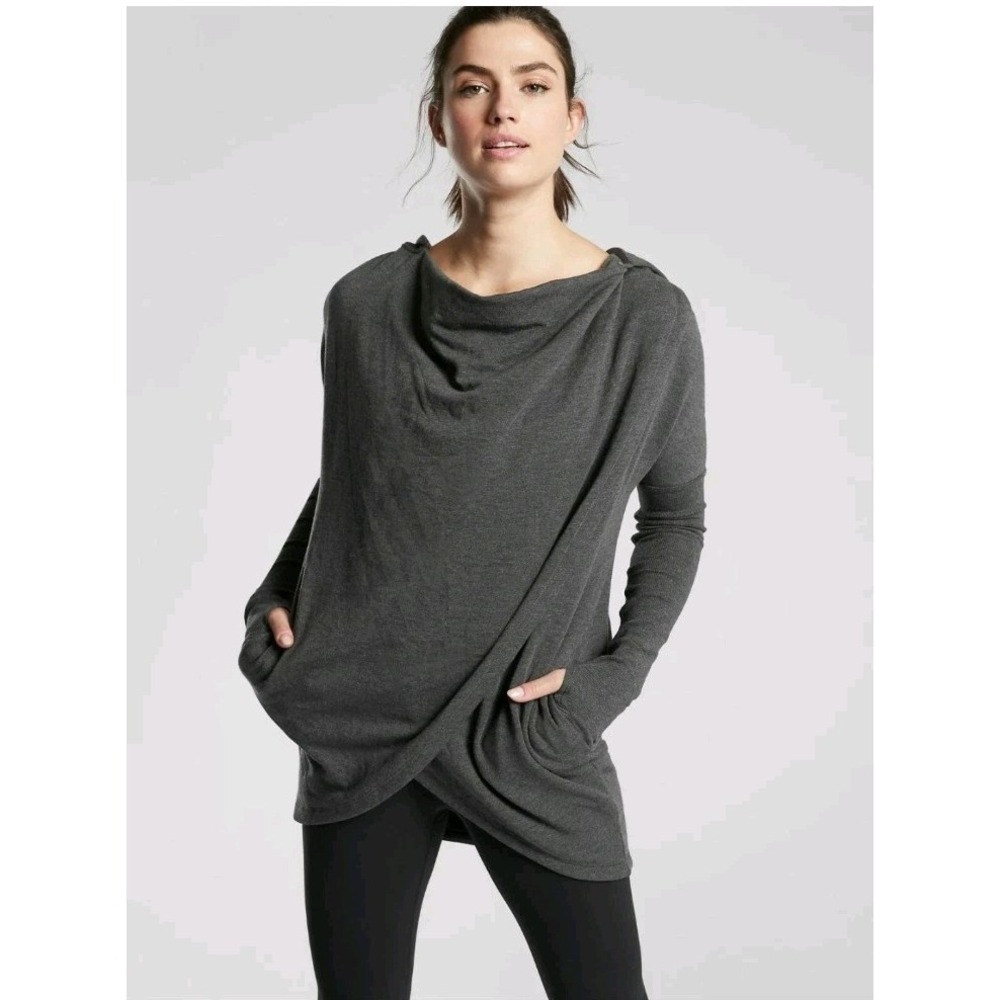 Athleta Purana Wrap Sweatshirt Charcoal Grey Heather Oversized Flowy Hooded Smal